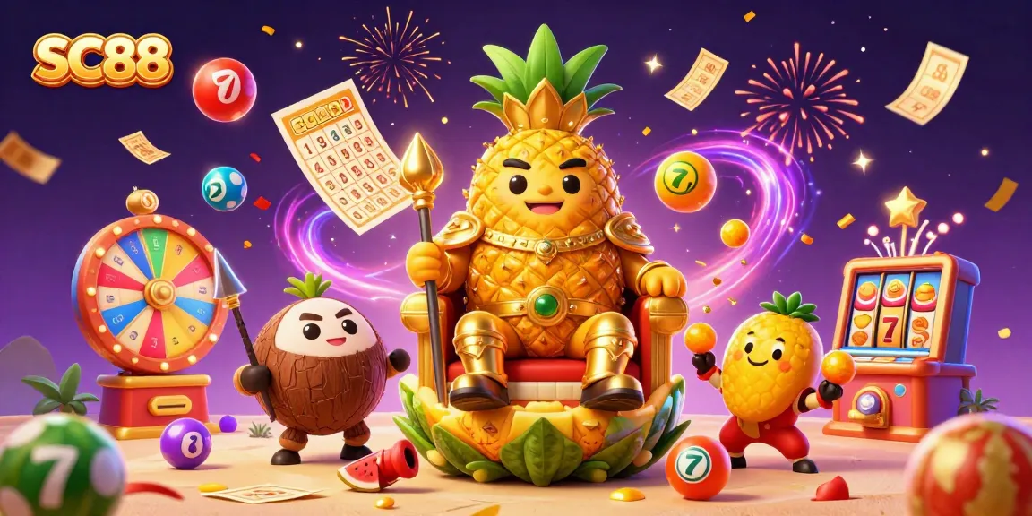 SC88 engages players with a vibrant lottery scene featuring the pineapple king and golden tickets.