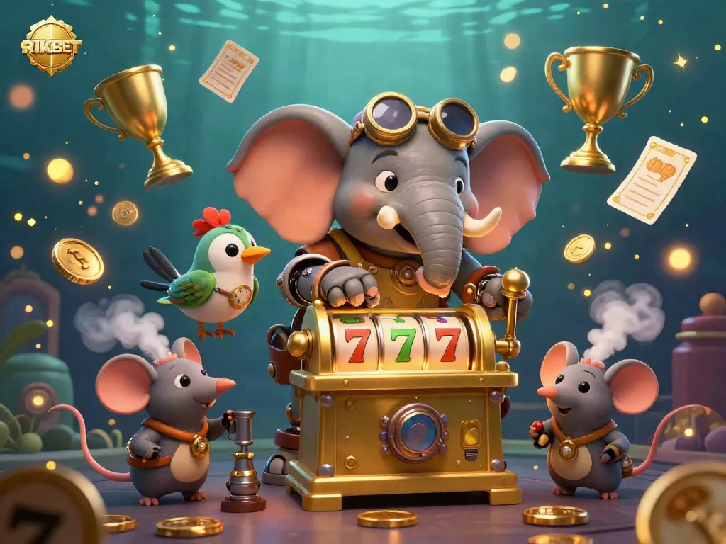 Engage with RIKBET at a lively casino scene, featuring a steampunk elephant engineering a golden slot machine surrounded by jackpot elements.