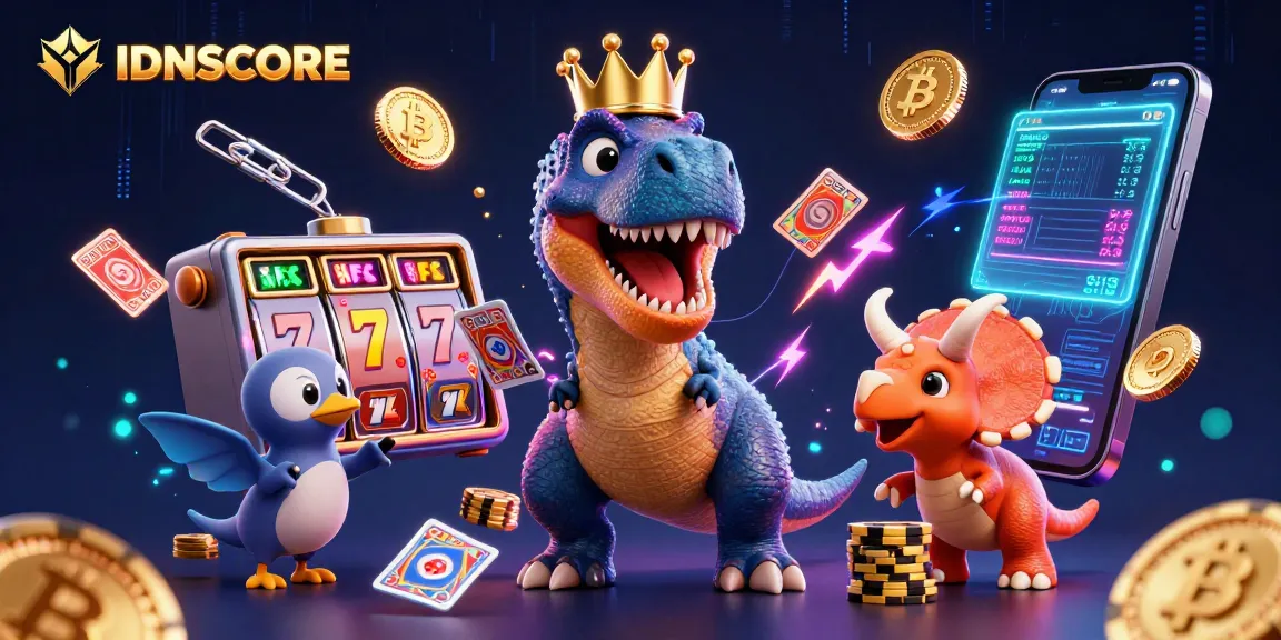 Experience fun with IDNSCORE as a friendly T-Rex and colorful characters play casino games.