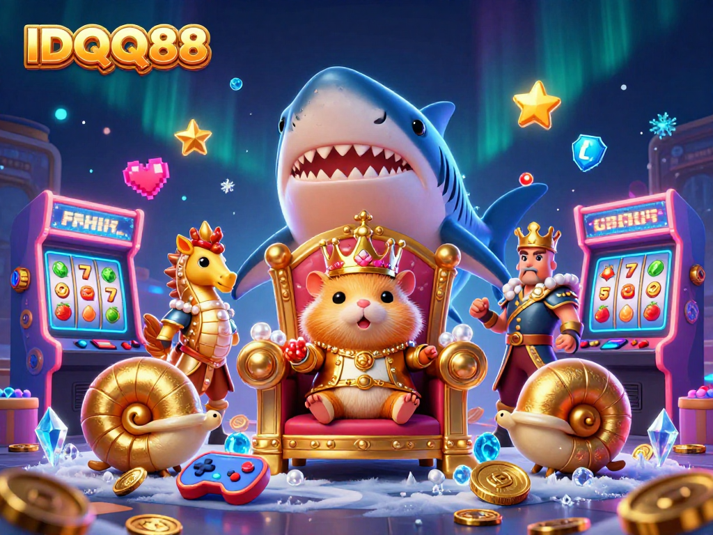 IDQQ88 introduces a captivating gold and gaming scene with a hamster king amidst slot reels and arcade elements.