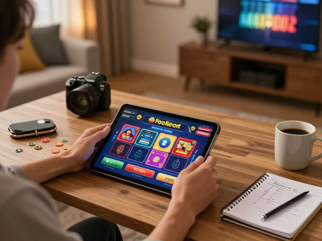Engaging with hidobasketgoztepe on a tablet during online gaming, showcasing colorful casino graphics and cozy environment.