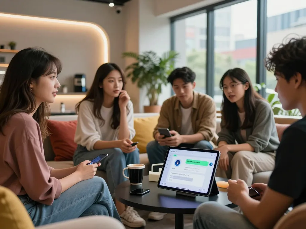 Engaging group exploring ai sex chat through a modern AI interface in a lounge setting.