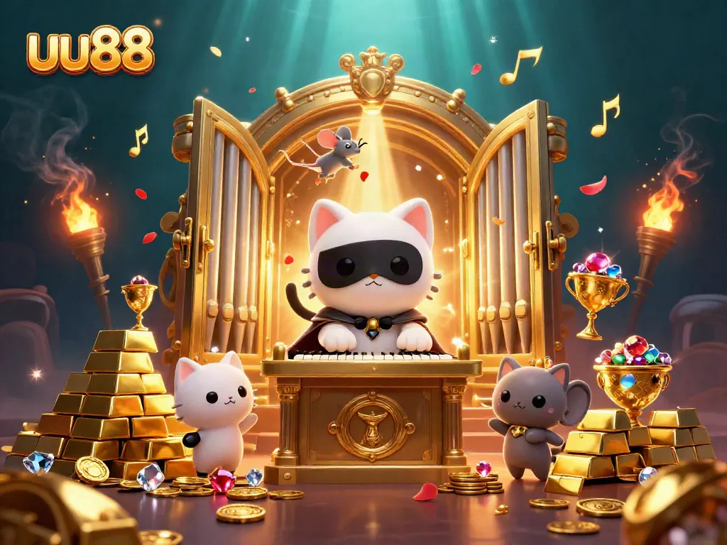 uu88's thrilling casino scene with a phantom cat and mouse acrobat amidst sparkling treasures.