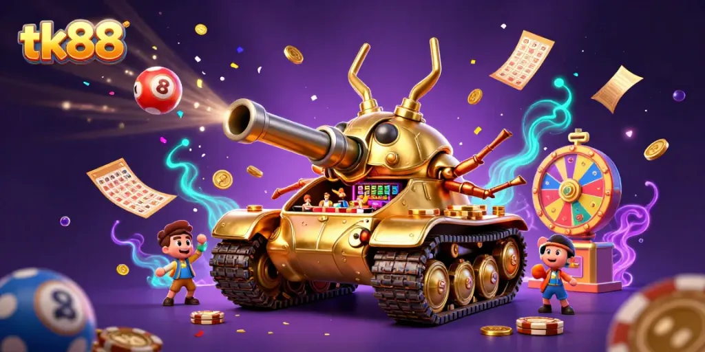 Engage with tk88's dynamic casino scene featuring a golden beetle tank and vibrant gambling elements.