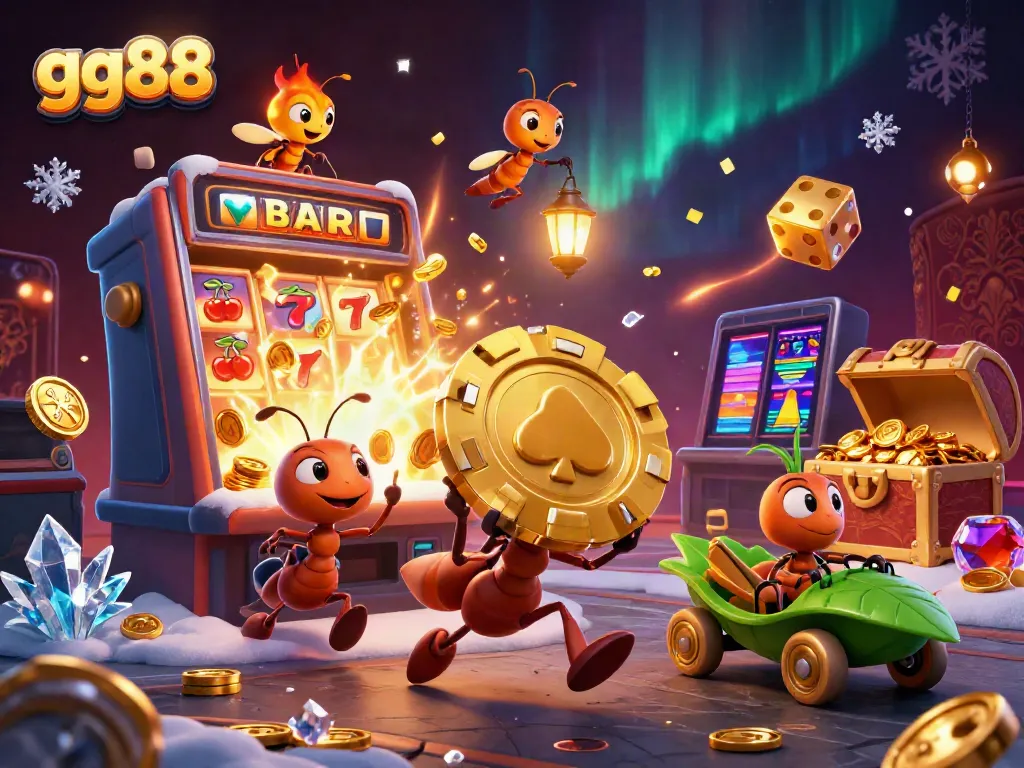Engage in thrilling casino adventures with gg88 as cartoon ants execute a heist with a golden poker chip.