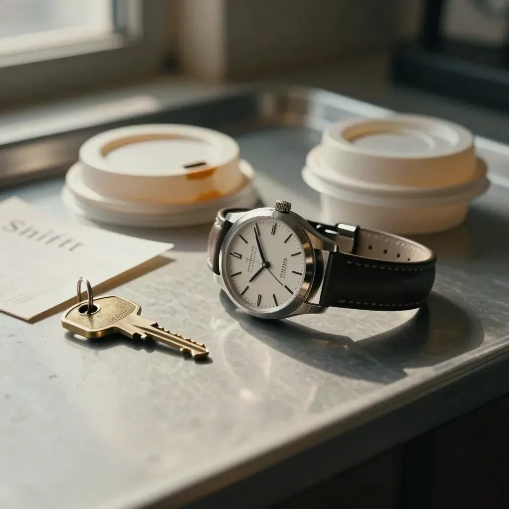 Watch, key, lid and folded note card on a tray in a staff room at night.