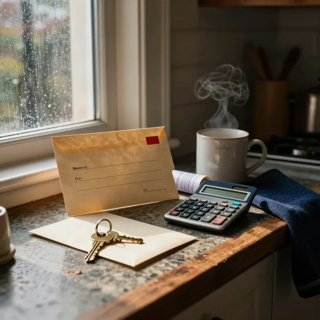 Move-out notice envelope, brass key, calculator, bills, and steaming mug on a rainy kitchen counter.