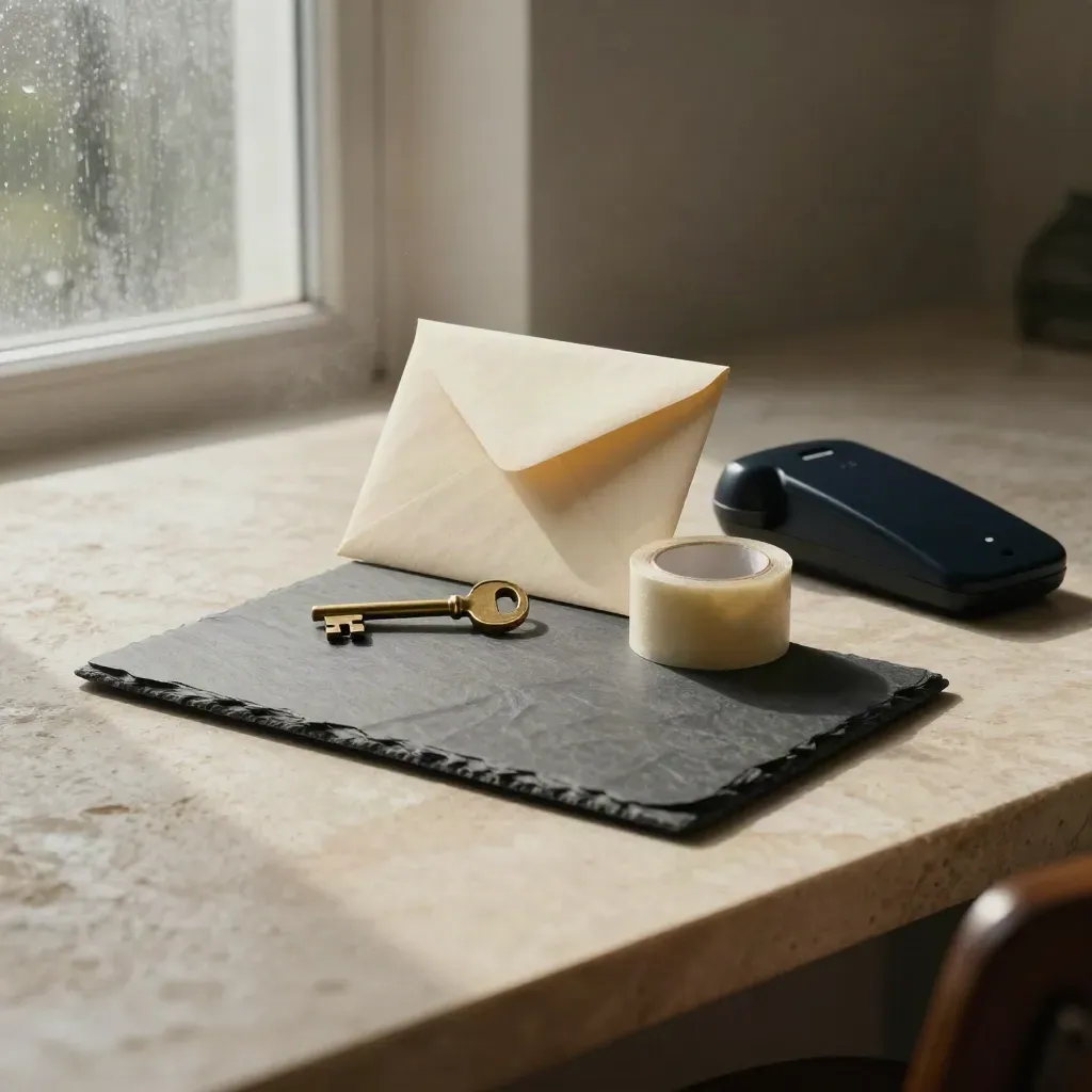 Rights-help objects on pale stone, envelope lifting in breeze, dramatic window light.
