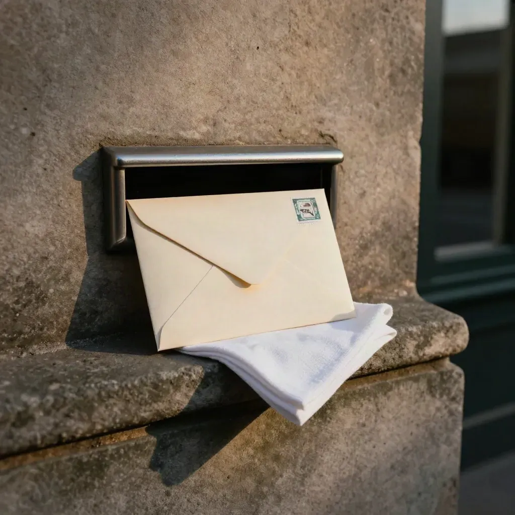 Sealed envelope paused at a mailbox slot on a stone ledge beside a folded cloth.