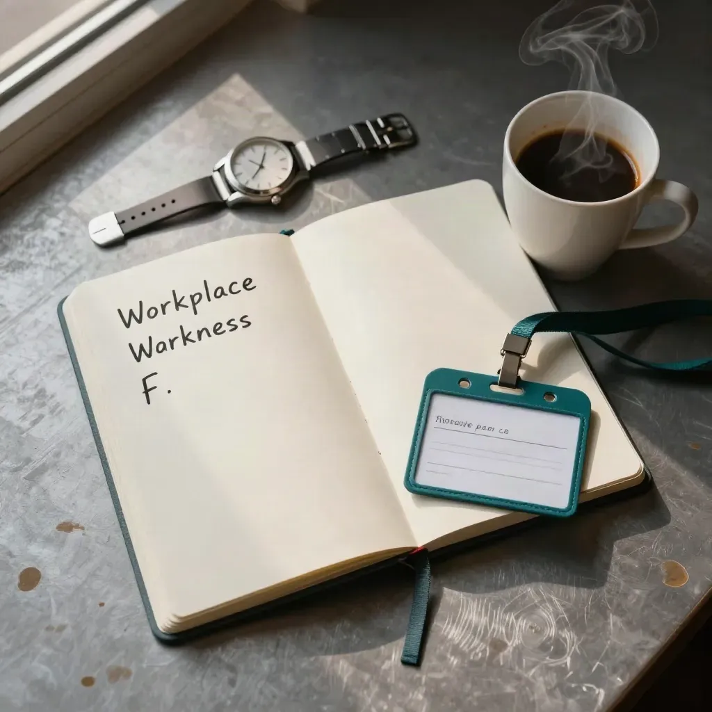 Open notebook, wristwatch, coffee cup, and teal lanyard on brushed metal with steam.