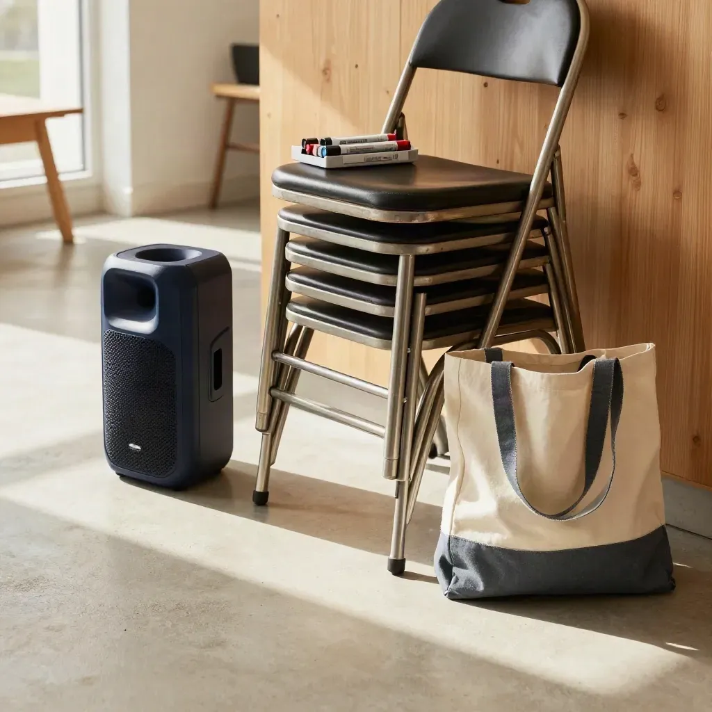 Workshop kit beside folded chairs and a navy speaker at the edge of a bright room.