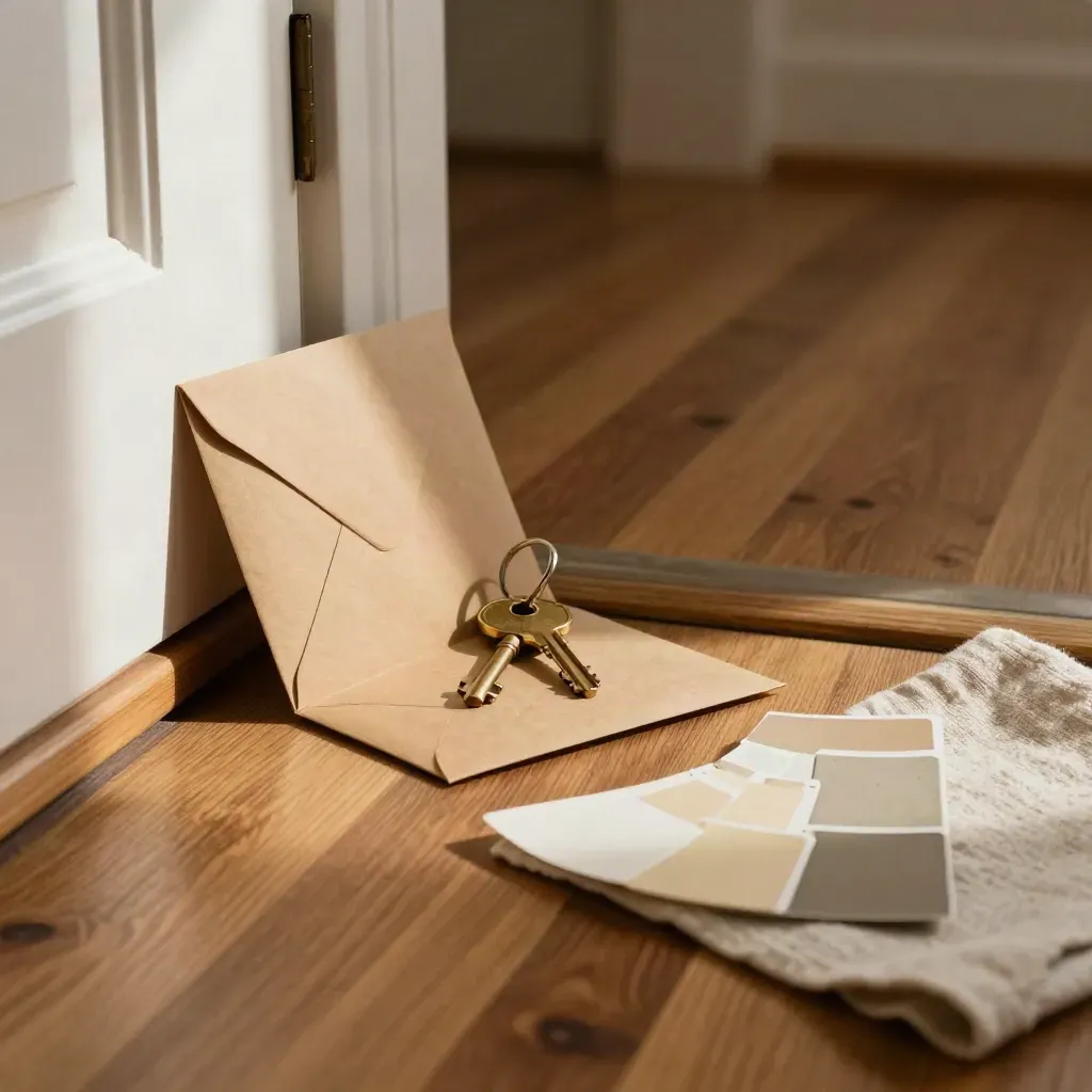 Move-out envelope, brass key, paint chips and linen cloth on a warm hallway landing in morning light