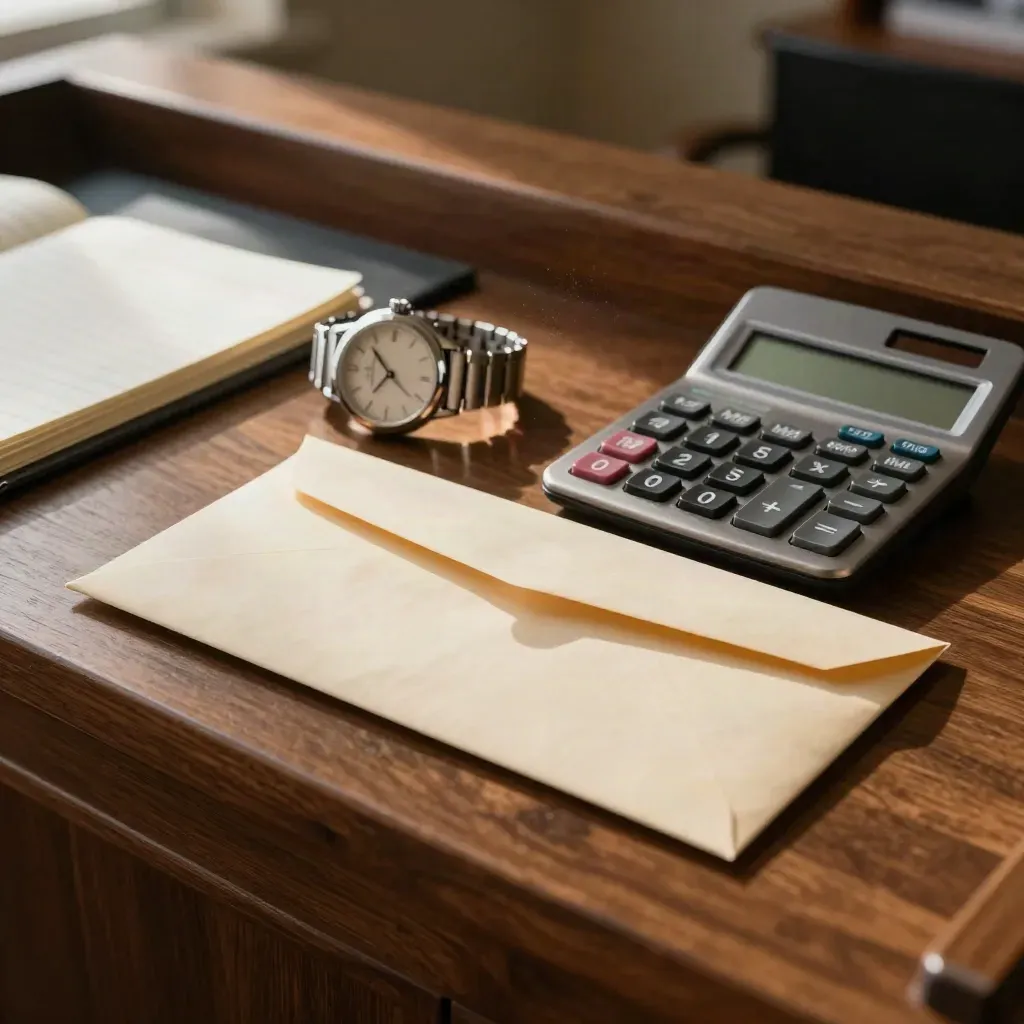 Wage envelope, watch, calculator and ledger pad on a warm office desk at dusk.