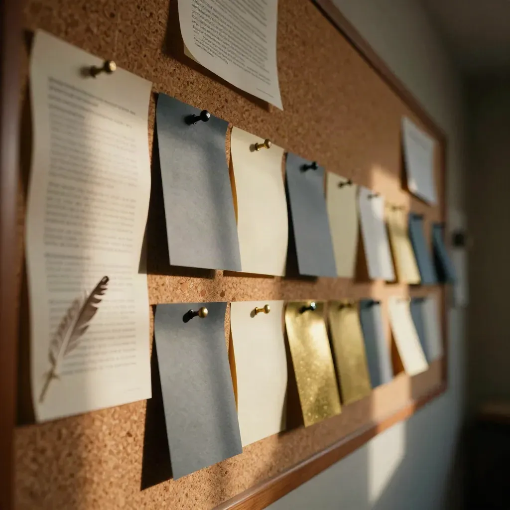 Side-on macro of pinned policy notes on a cork board in moody side light