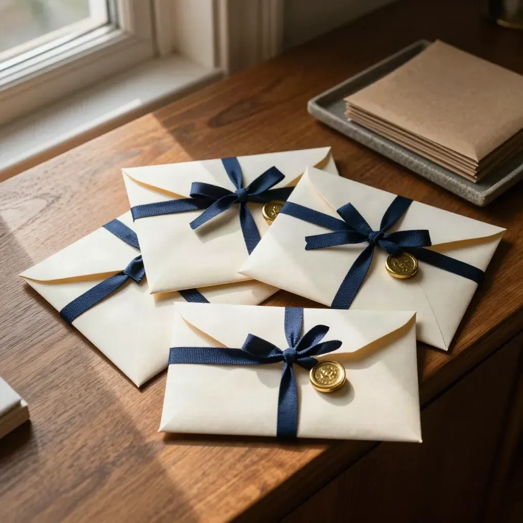 Top-down flat lay of cream envelopes, folded sheets and a brass seal stamp on a walnut console.