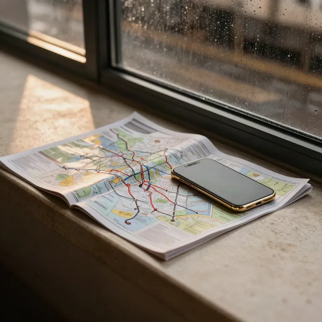Transit map, smartphone, and region tabs on a stone ledge beside rain-streaked glass.