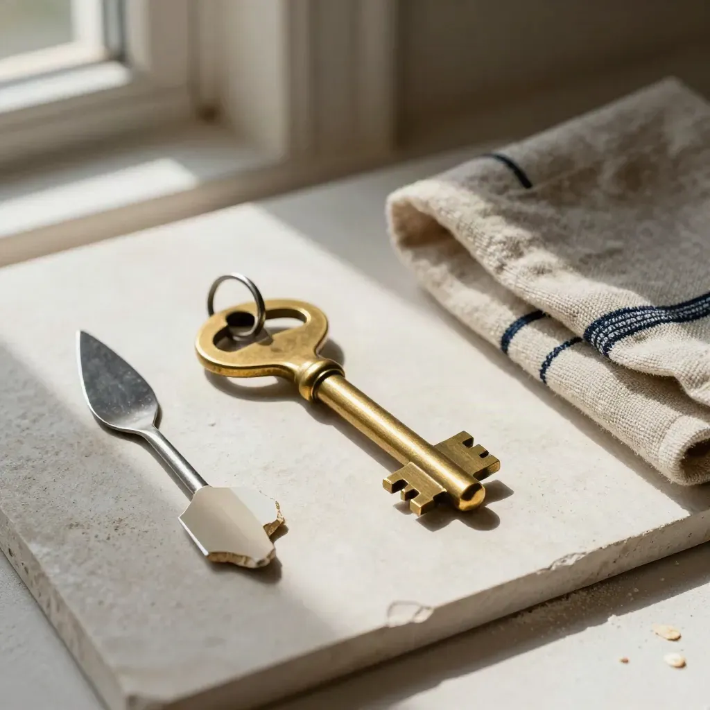 Brass key, paint scraper, tile chip and linen cloth on pale plaster in soft window light.