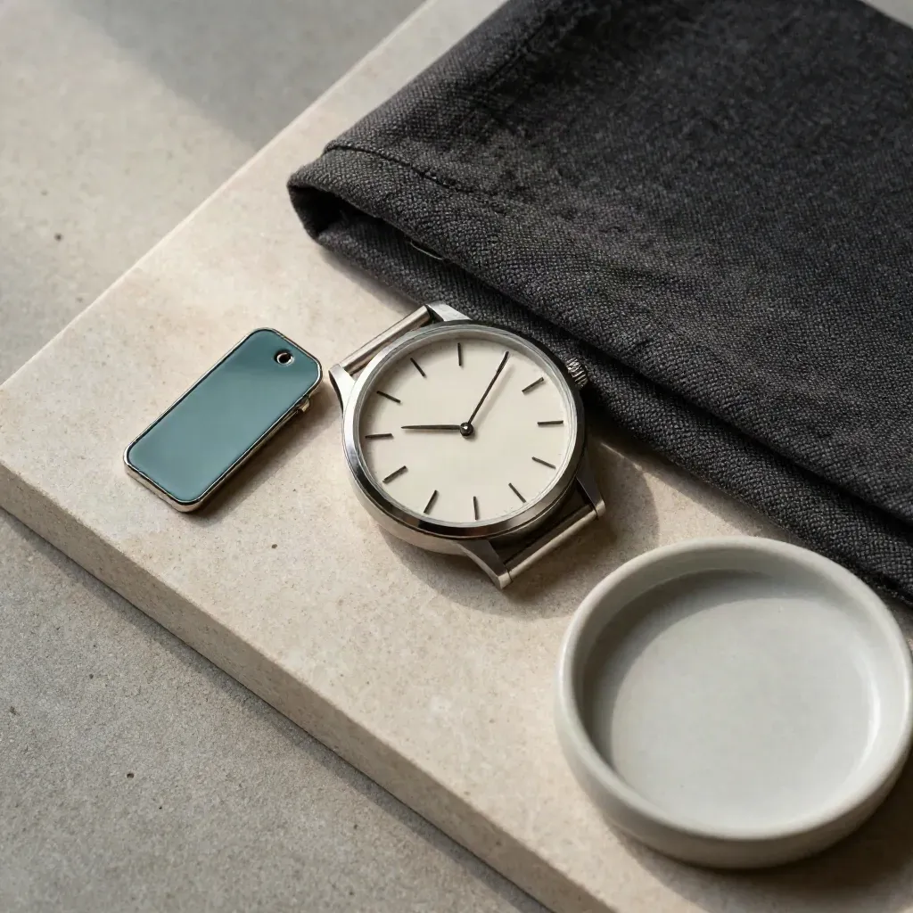 Overhead still life of an analog watch, badge clip, ceramic dish, and charcoal cloth on pale stone.
