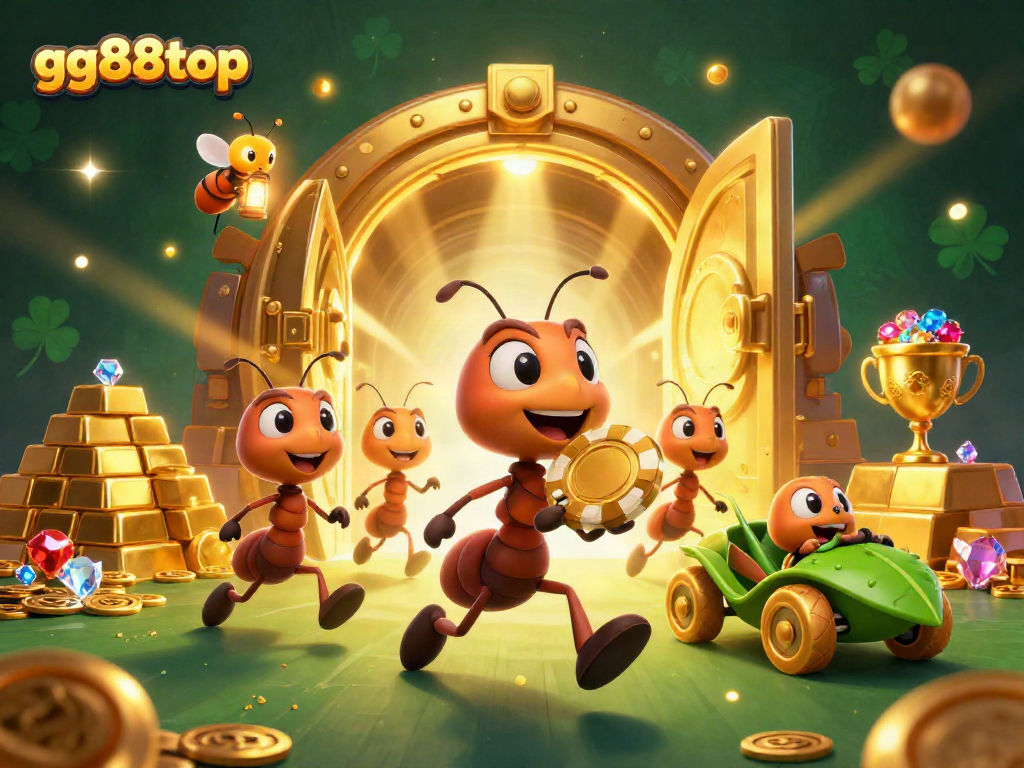 Ants execute a heist at gg88top, carrying a giant poker chip, surrounded by treasures.