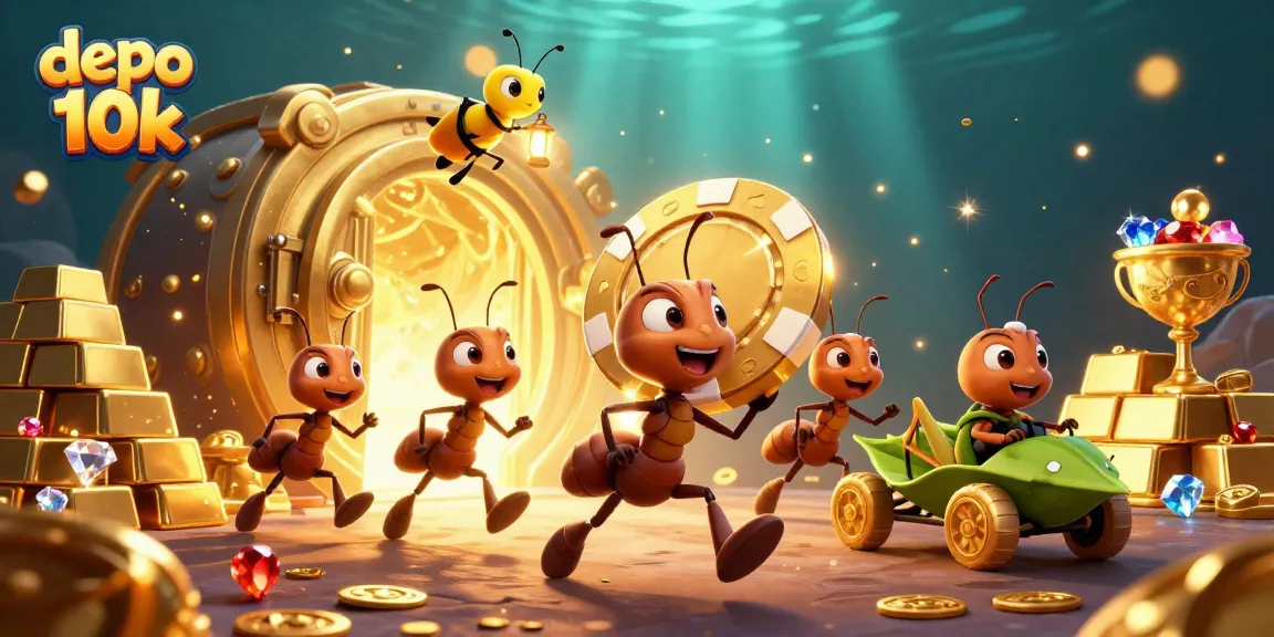 Experience the thrill of depo 10k gaming with cartoon ants in a colorful casino heist scene.