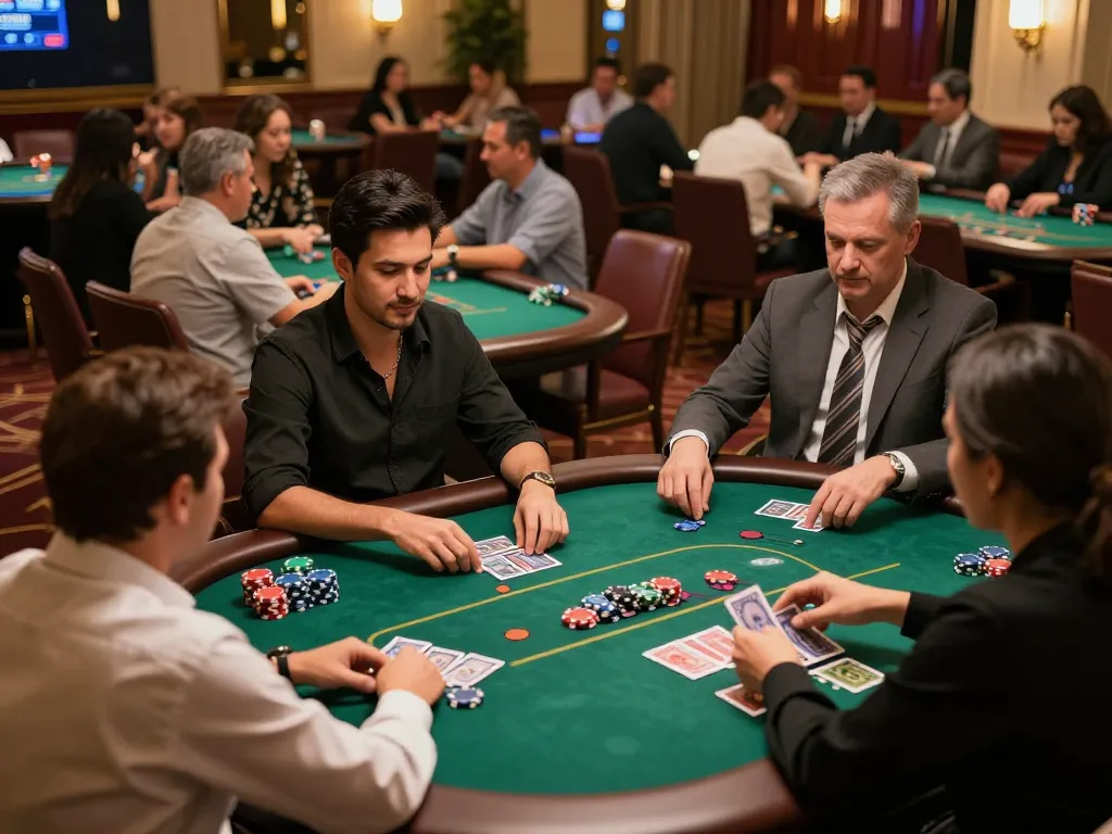 Players enjoying a live poker game at MM88 casino, capturing the excitement and action on the vibrant gambling floor.