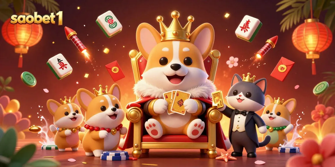 Experience vibrant gaming action at saobet1 with royal corgis and Chinese elements in a bustling casino environment.