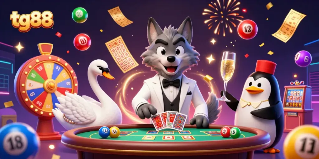 Celebrate with tg88 as a debonair wolf, swan dealer, and penguin sommelier enjoy lottery excitement.