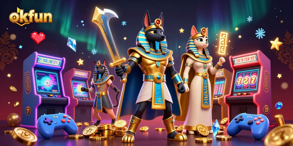 Experience the excitement of okfun with Anubis in a vibrant gaming scene filled with slot machines and treasures.