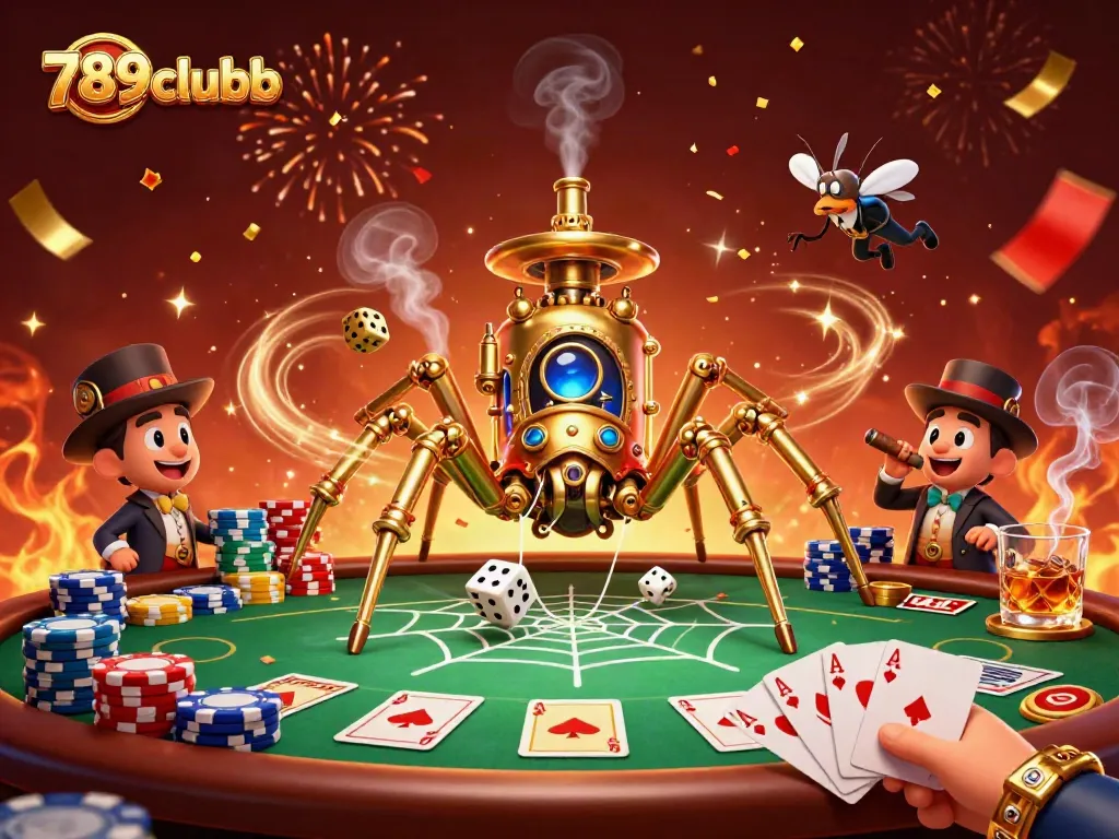 789clubb captivates with a steampunk spider catching dice amidst golden poker elements.