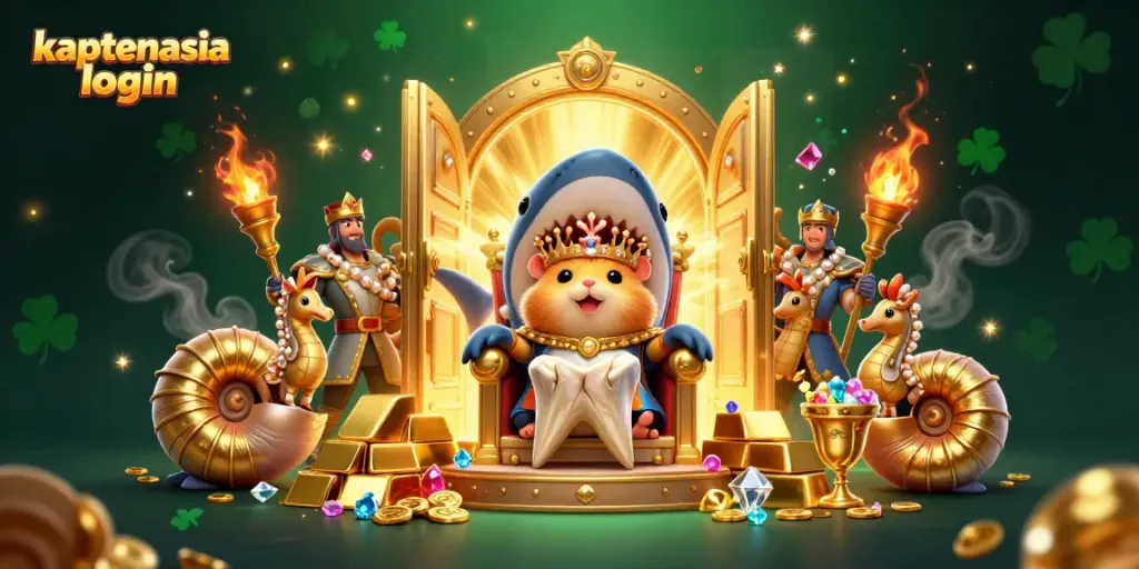 Gambarlah seorang raja hamster emas bertakhta di gigi hiu megalodon dengan latar belakang cerah sambil mengunjungi kaptenasia login.