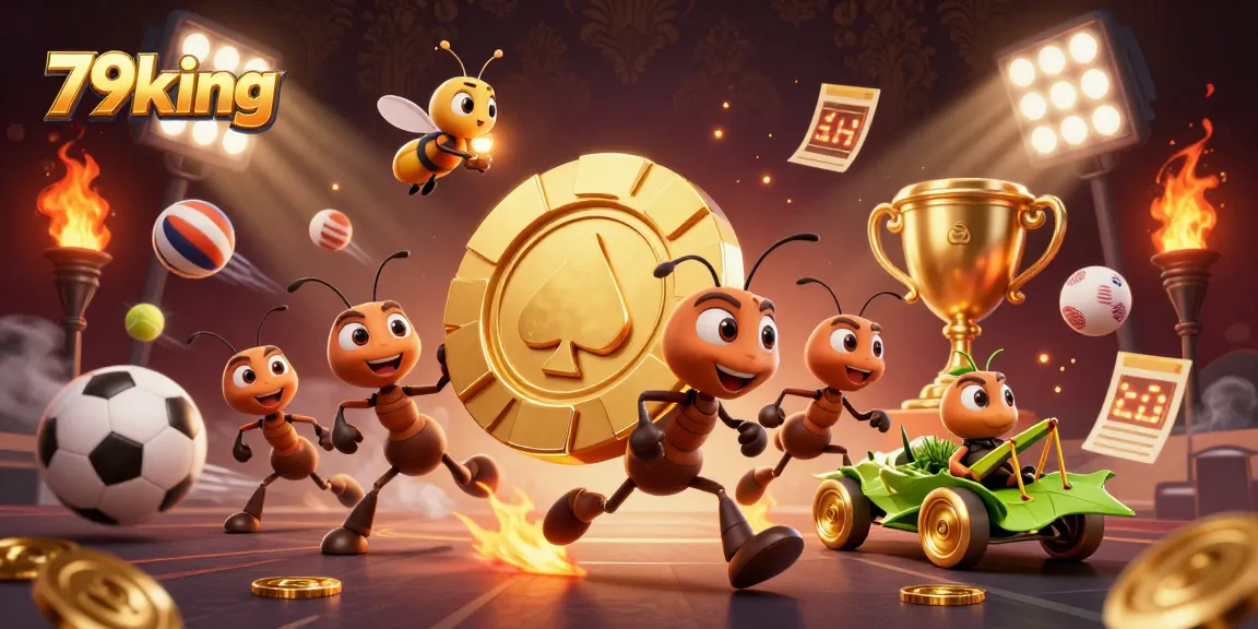 79king ants steal a giant poker chip amidst vibrant sports elements in a rich 3D casino heist scene.
