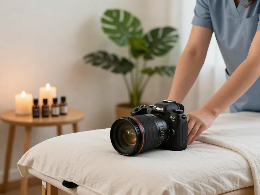 Relaxing home massage setup for 용산출장안마 with soothing light and essential oils.