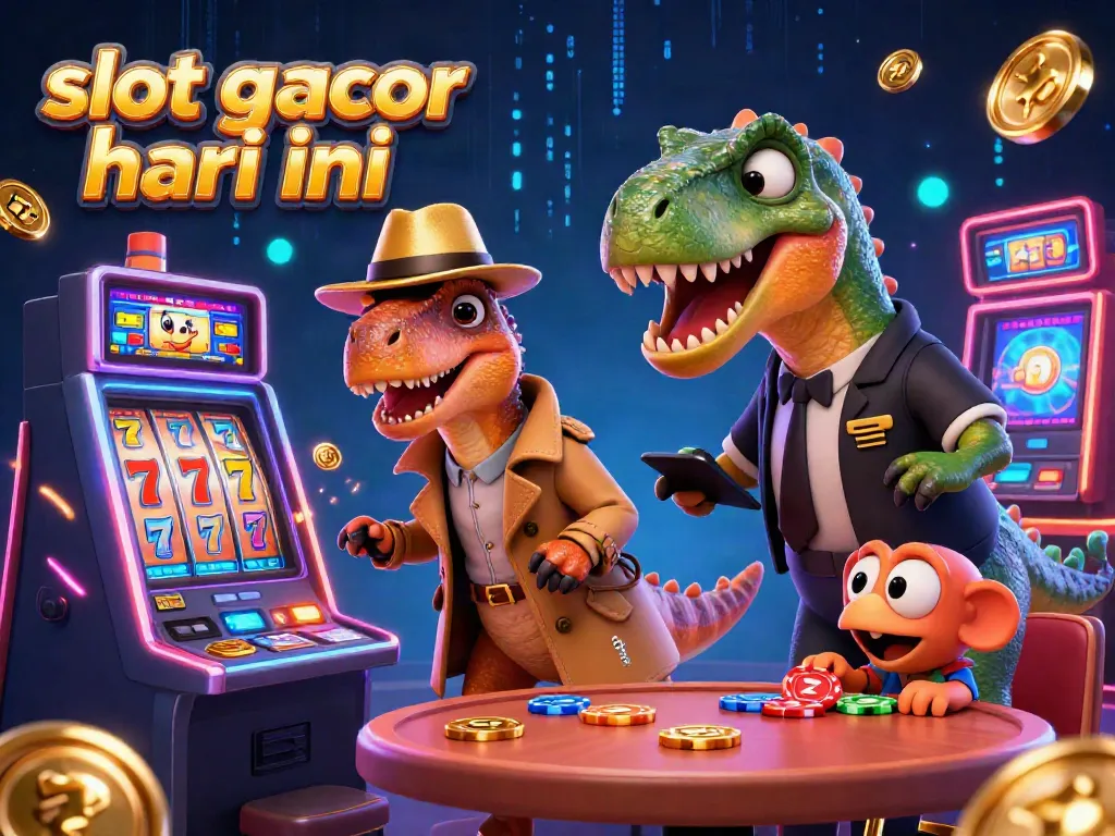 Experience the thrill of slot gacor hari ini with a cartoon velociraptor at a slot machine, surrounded by vibrant gaming elements.