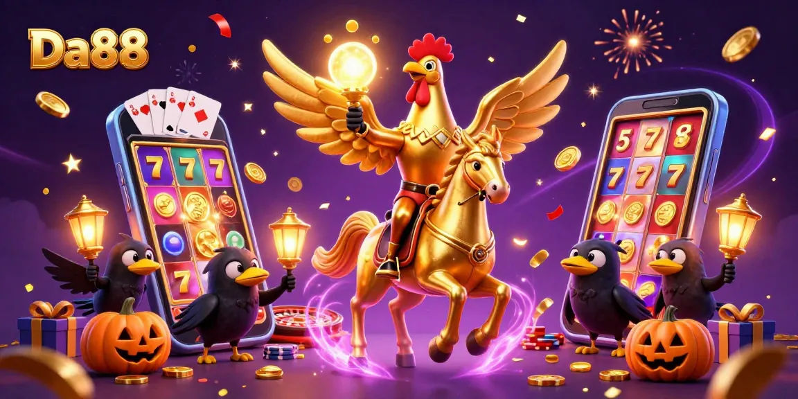 Engage in epic gambling adventures with Da88, featuring golden rooster and spectral horse in a vibrant casino.