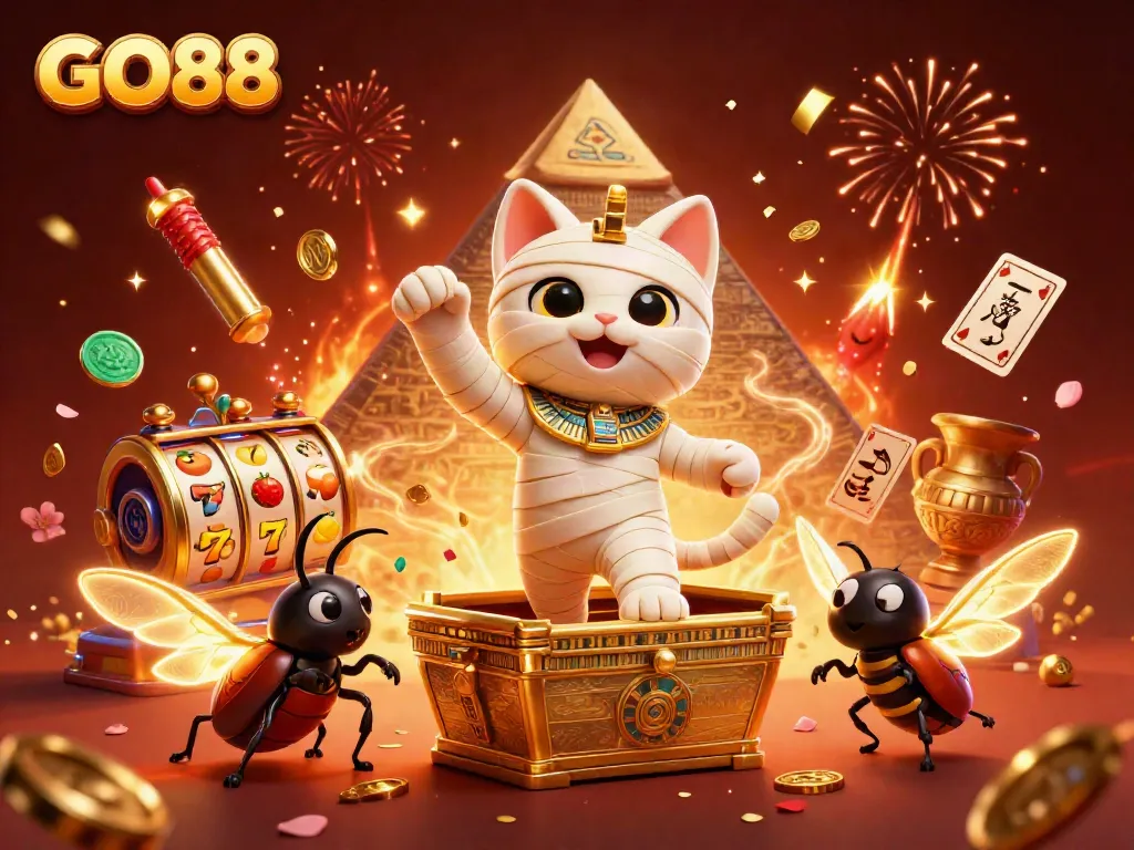 GO88 showcases vibrant casino excitement through an Egyptian mummy cat amidst slot reels and confetti.