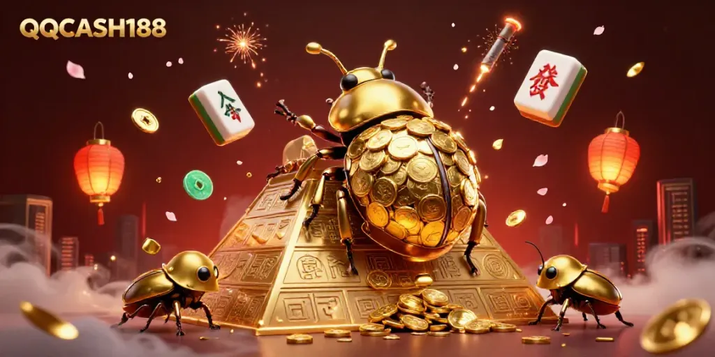 Experience the thrilling action of QQCASH188 with golden beetles and vibrant casino symbols.