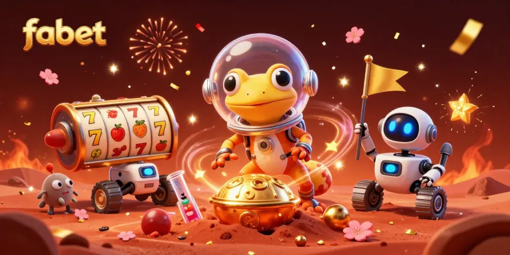 Experience the excitement of fabet as the Martian gecko discovers a buried golden casino, surrounded by dynamic gaming elements.