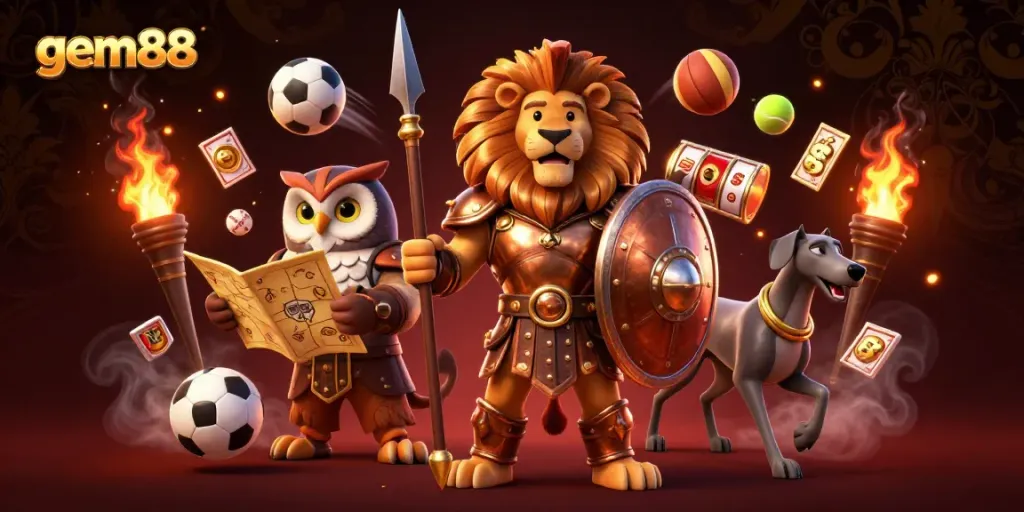 Experience thrilling gameplay at gem88 with dynamic casino characters and gaming elements in an exciting 3D illustration.