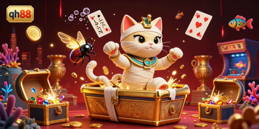 Witness the excitement of qh88 as the mummy cat bursts from its sarcophagus in a vibrant casino explosion of riches.
