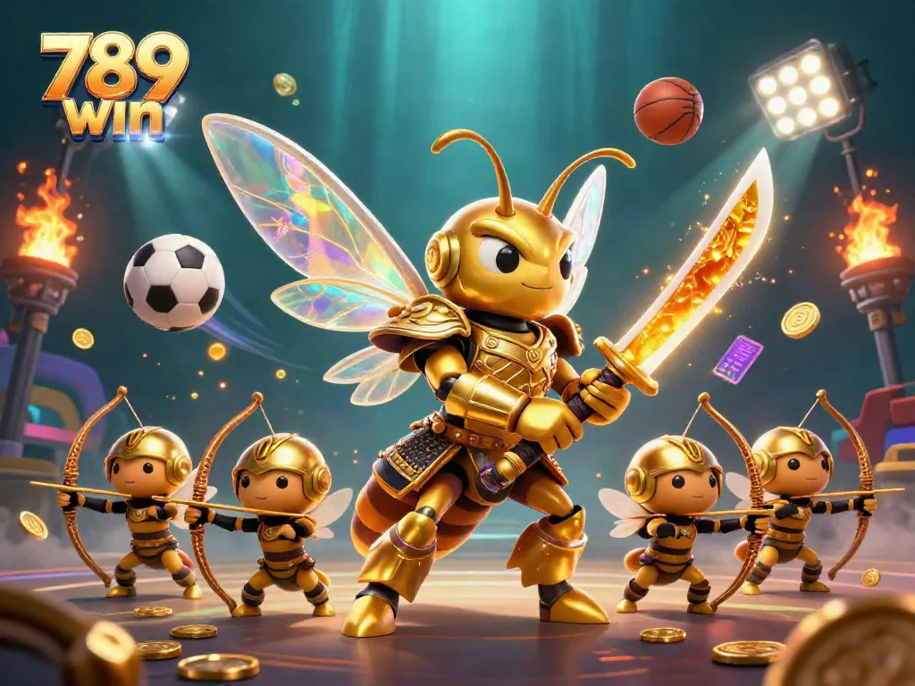 Engage with 789 win in this vibrant 3D casino scene featuring sports elements and a golden hornet warrior.
