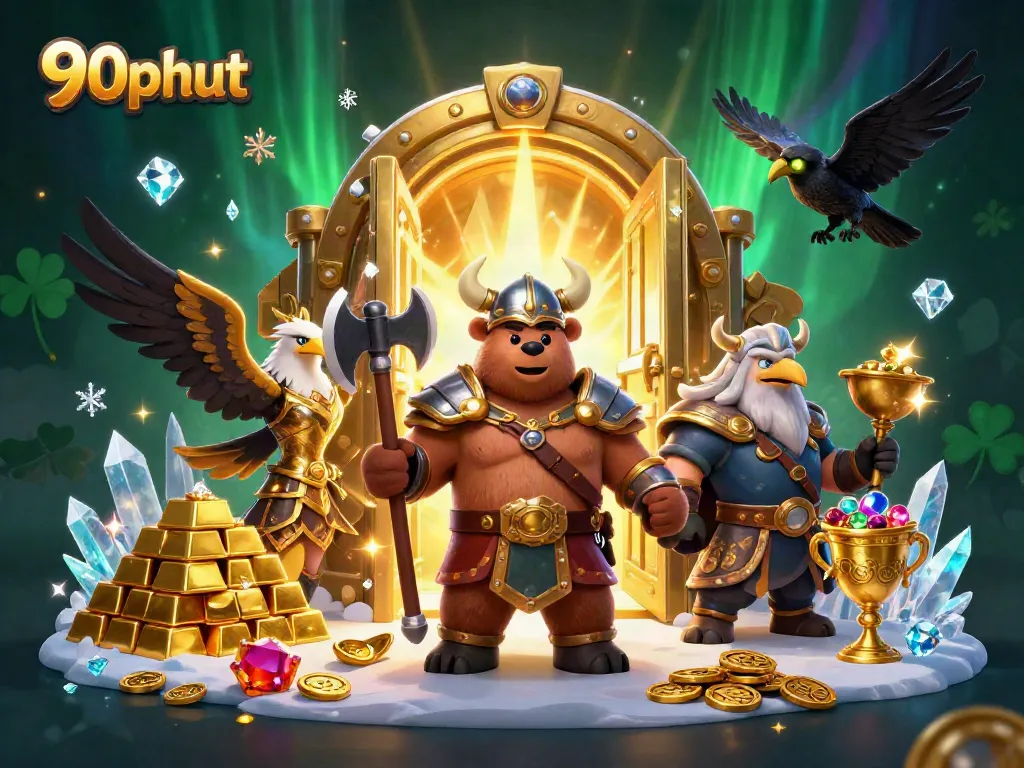 Experience thrilling action with 90phut as a Viking bear and eagle discover treasure in a vibrant casino scene.