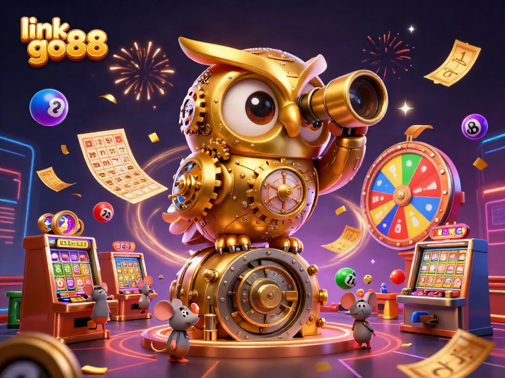 Play exciting games at link go88 with a golden owl watching over vibrant casino activities.