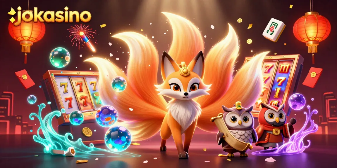 Engage with jokacasino's vibrant 3D casino scene featuring a colorful nine-tailed fox and slot elements.