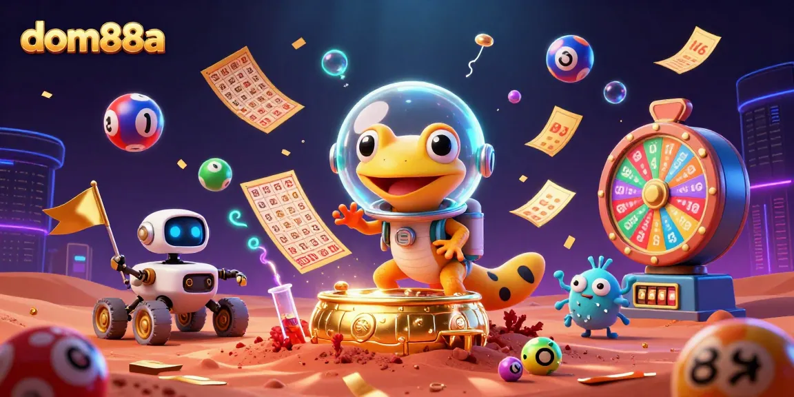 Engage with dom88a's vibrant casino scene featuring a Martian gecko discovering golden treasures amid dynamic game elements.