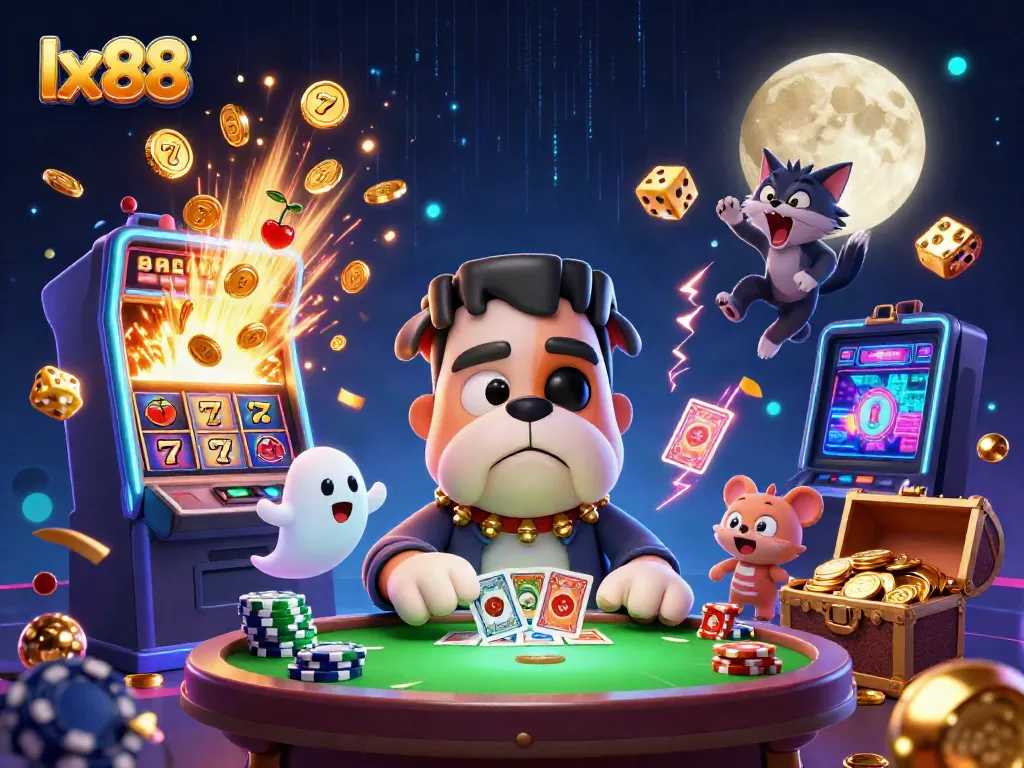 Experience excitement at lx88 with a 3D scene showcasing a Frankenstein bulldog monster dealing cards amidst casino chaos.