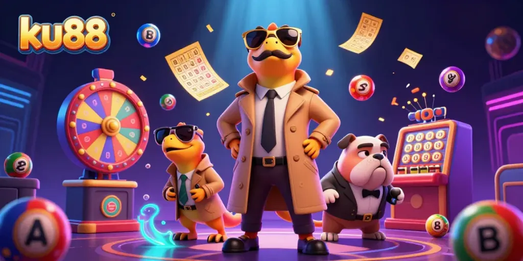 ku88 showcases playful raptors in a trench coat approaching a casino, animated vibrant lottery elements surround them