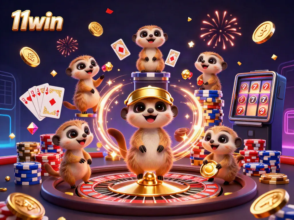 11win meerkats operating a vibrant casino, showcasing excitement with chips and coins.