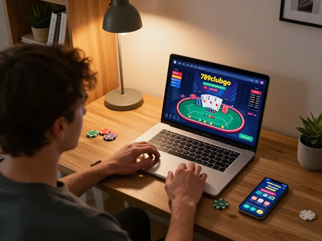 Engaged player using 789clubgo app on laptop for an online casino game.