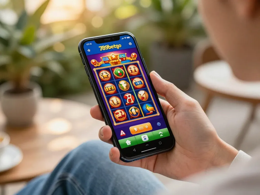 Engaging moment with user enjoying the 789betgo casino app on a smartphone in a relaxing outdoor setting.