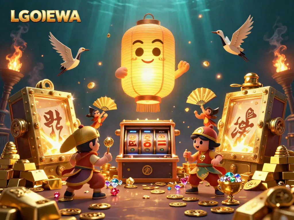 Experience high-stakes gaming with LGODEWA, featuring vibrant slots and treasure-filled scenes.